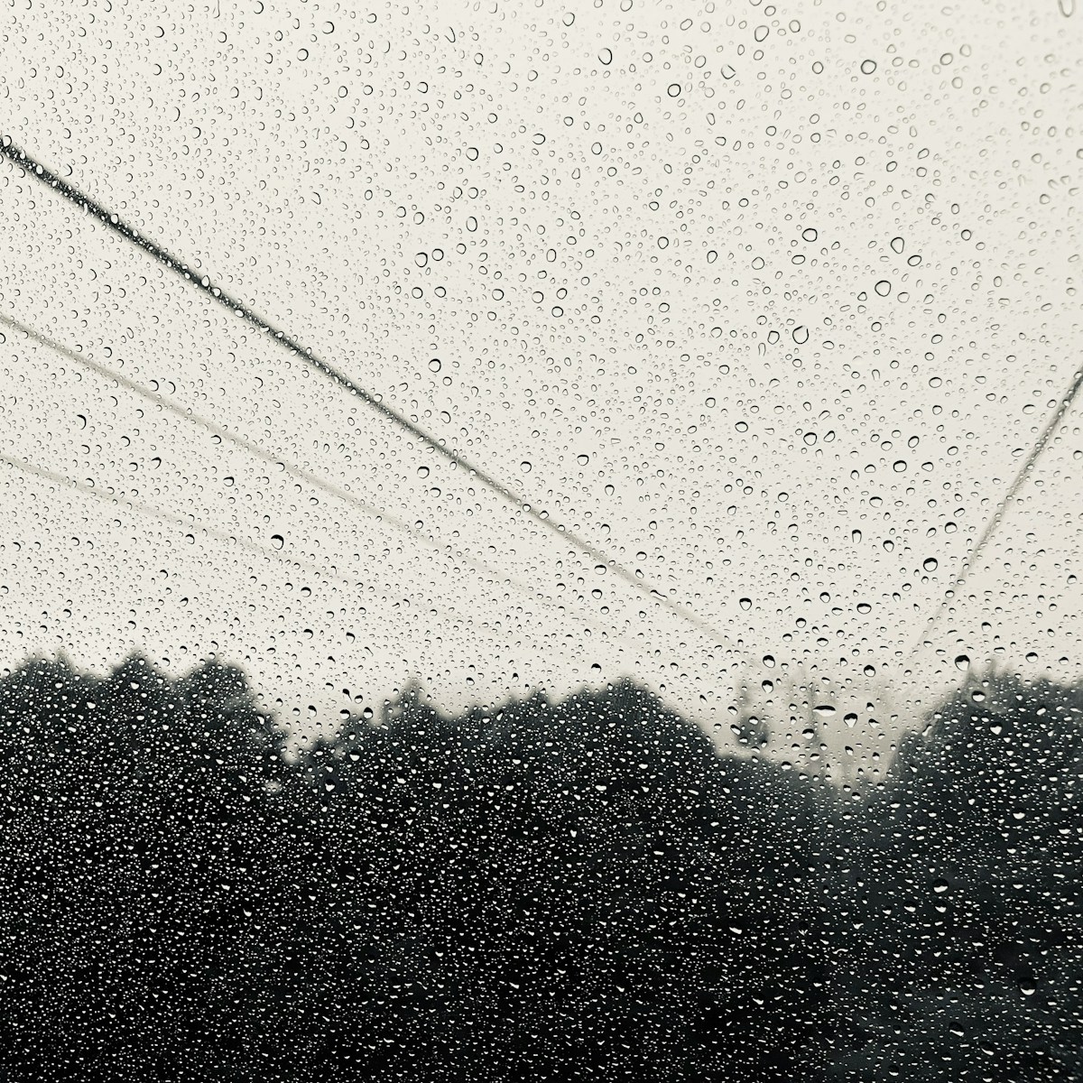 a rain covered window with power lines in the background